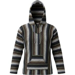 Vintage Baja Hoodie Mexican Poncho Woven‎ Pullover Striped Festival Shirt Black